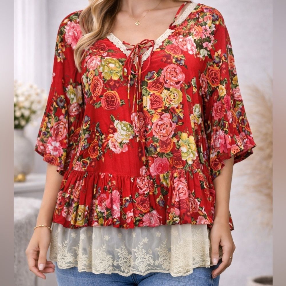 Umgee Floral Boho Top Size Large Blouse Cottagecore Lace Hem Flowy Women’s Top